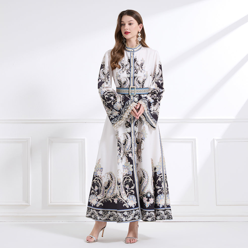 CM-DY041444 Women Trendy Bohemian Style Stand Collar Long Sleeve Belted Maxi Dress - White