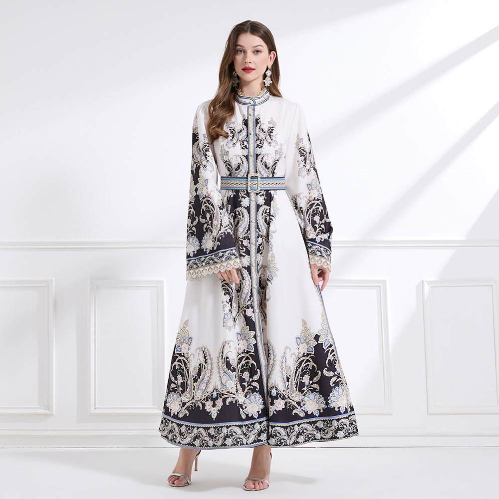 CM-DY041444 Women Trendy Bohemian Style Stand Collar Long Sleeve Belted Maxi Dress - White