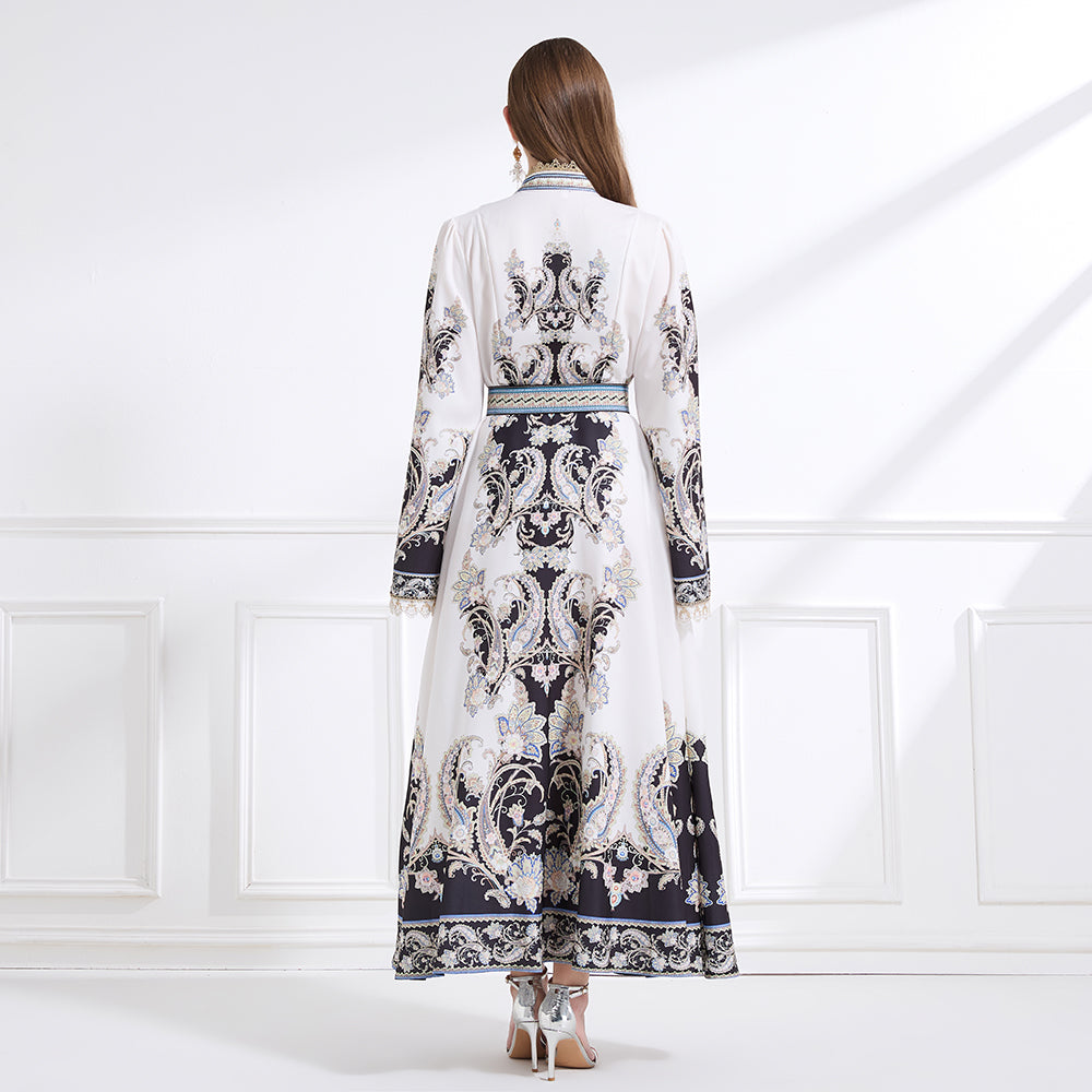 CM-DY041444 Women Trendy Bohemian Style Stand Collar Long Sleeve Belted Maxi Dress - White