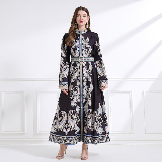 CM-DY041445 Women Trendy Bohemian Style Stand Collar Long Sleeve Belted Maxi Dress - Black