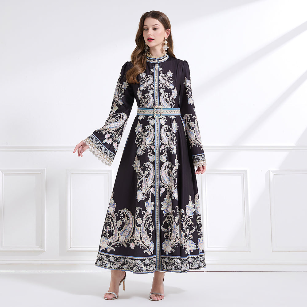 CM-DY041445 Women Trendy Bohemian Style Stand Collar Long Sleeve Belted Maxi Dress - Black
