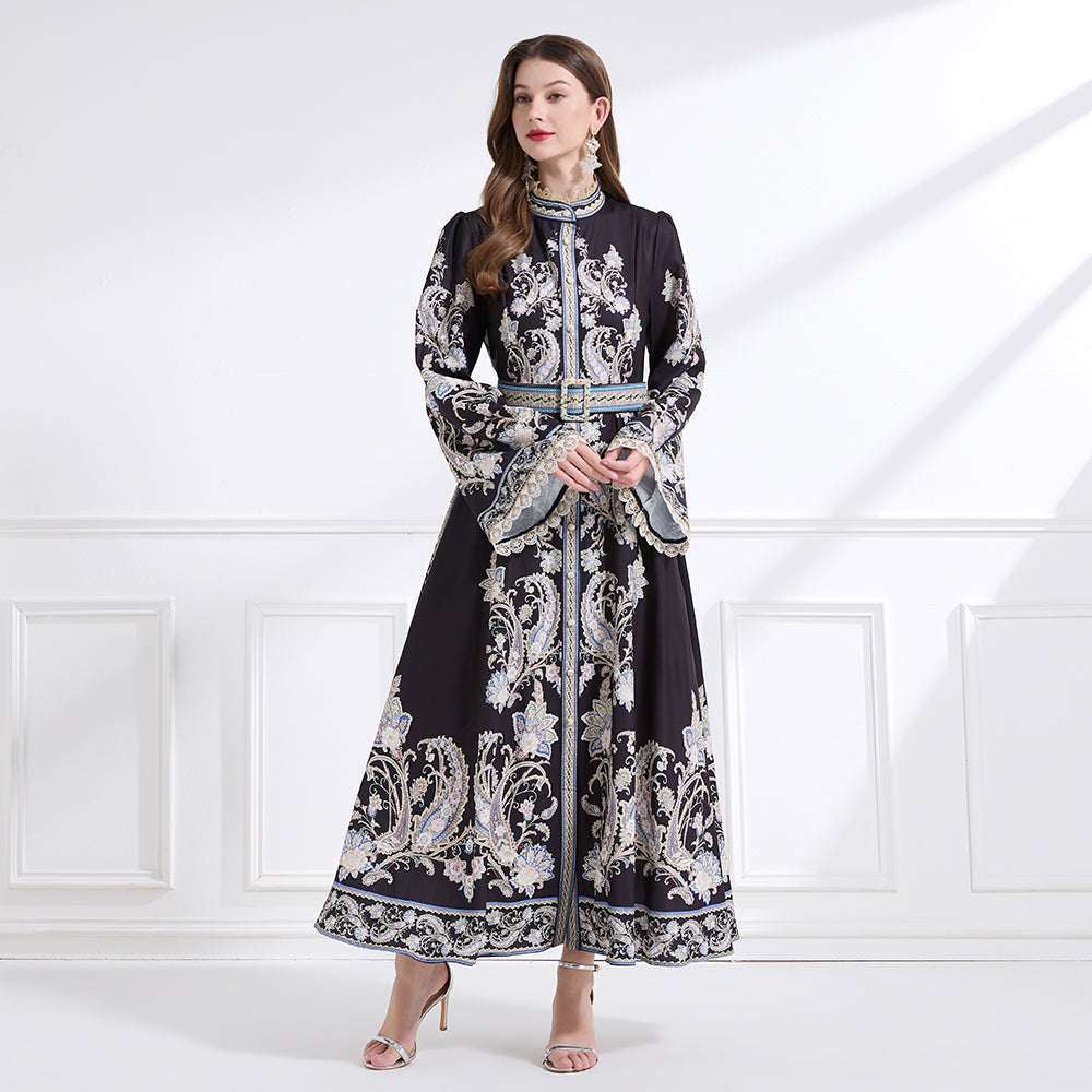 CM-DY041445 Women Trendy Bohemian Style Stand Collar Long Sleeve Belted Maxi Dress - Black