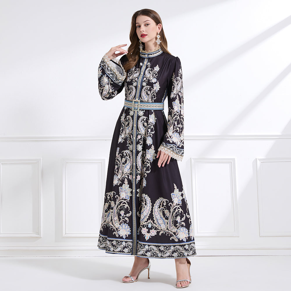 CM-DY041445 Women Trendy Bohemian Style Stand Collar Long Sleeve Belted Maxi Dress - Black