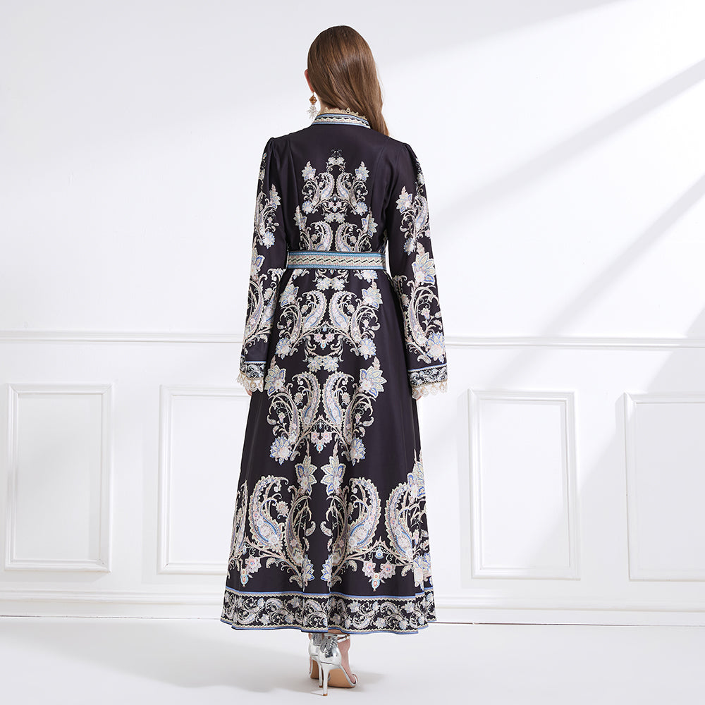 CM-DY041445 Women Trendy Bohemian Style Stand Collar Long Sleeve Belted Maxi Dress - Black