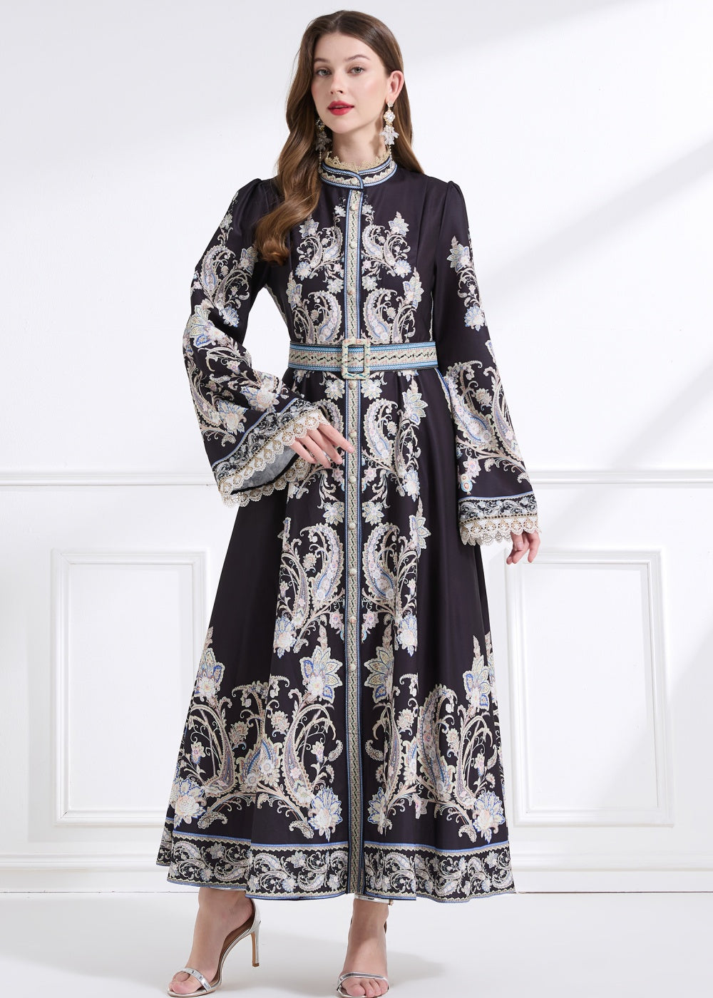 CM-DY041445 Women Trendy Bohemian Style Stand Collar Long Sleeve Belted Maxi Dress - Black