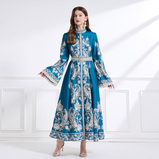 CM-DY041446 Women Trendy Bohemian Style Stand Collar Long Sleeve Belted Maxi Dress - Blue