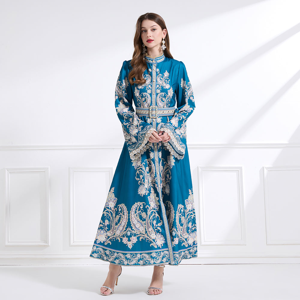 CM-DY041446 Women Trendy Bohemian Style Stand Collar Long Sleeve Belted Maxi Dress - Blue