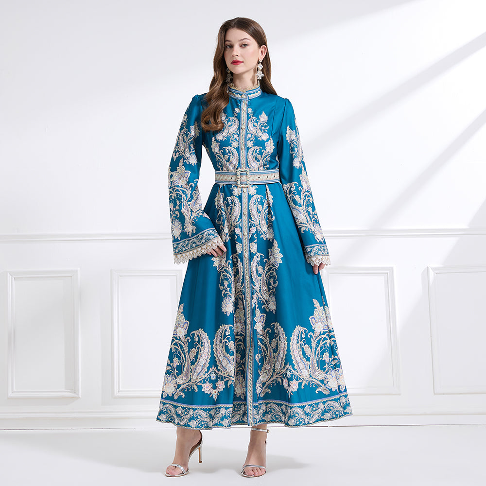 CM-DY041446 Women Trendy Bohemian Style Stand Collar Long Sleeve Belted Maxi Dress - Blue
