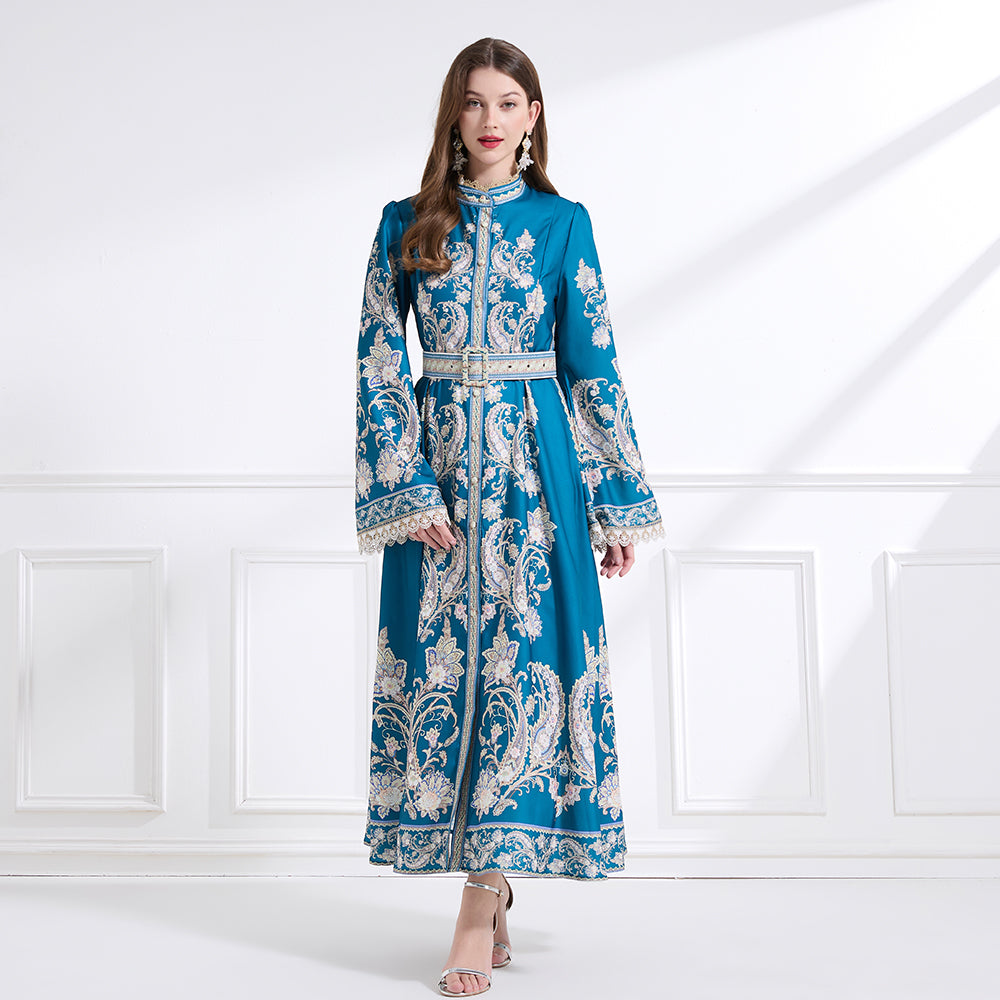 CM-DY041446 Women Trendy Bohemian Style Stand Collar Long Sleeve Belted Maxi Dress - Blue