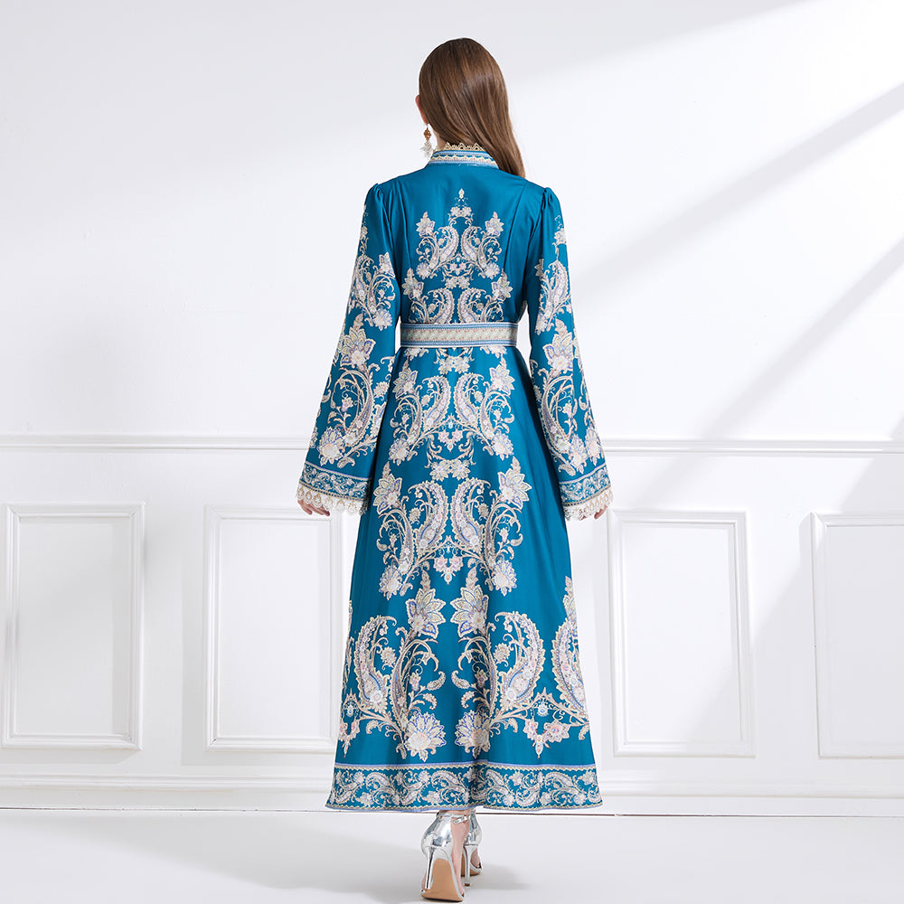 CM-DY041446 Women Trendy Bohemian Style Stand Collar Long Sleeve Belted Maxi Dress - Blue