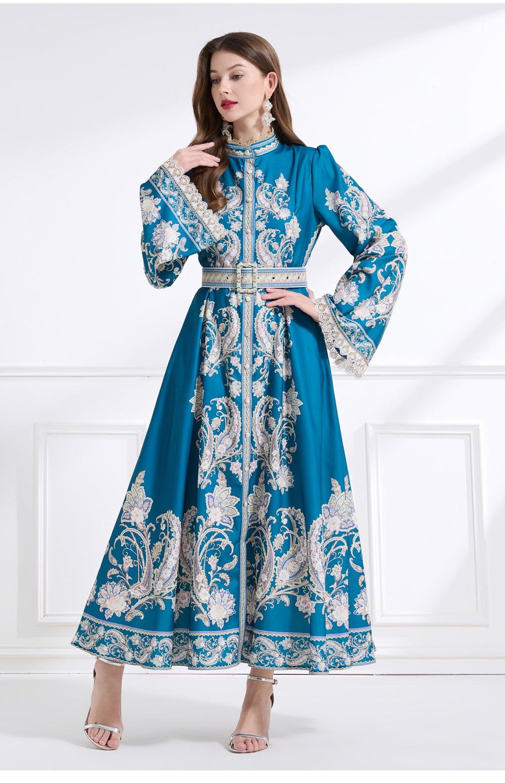 CM-DY041446 Women Trendy Bohemian Style Stand Collar Long Sleeve Belted Maxi Dress - Blue