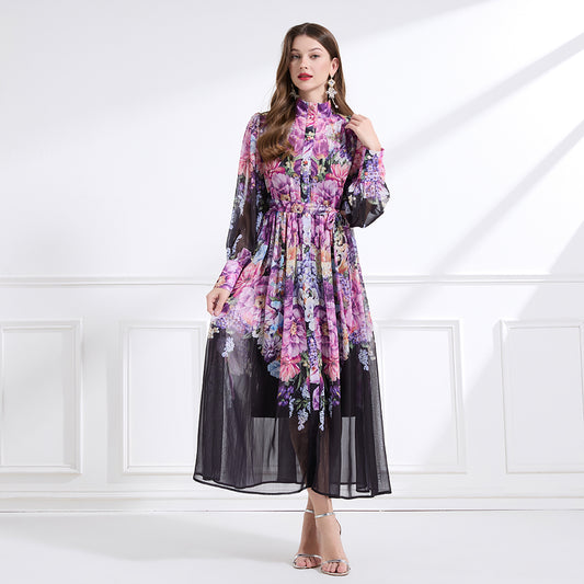 CM-DY041447 Women Trendy Bohemian Style Stand Collar Long Sleeve Pinched Waist Maxi Dress