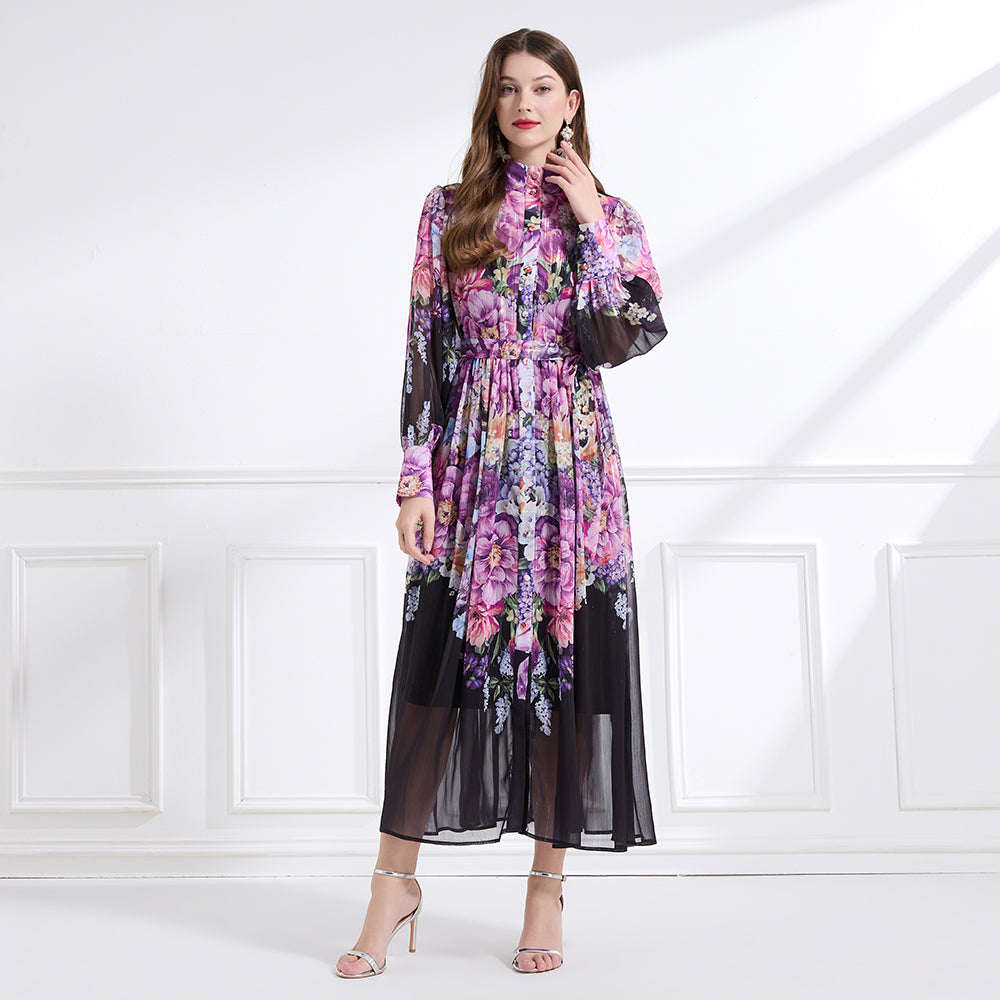 CM-DY041447 Women Trendy Bohemian Style Stand Collar Long Sleeve Pinched Waist Maxi Dress