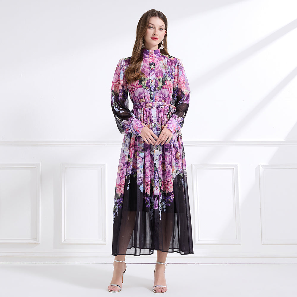 CM-DY041447 Women Trendy Bohemian Style Stand Collar Long Sleeve Pinched Waist Maxi Dress