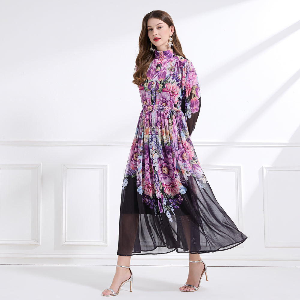 CM-DY041447 Women Trendy Bohemian Style Stand Collar Long Sleeve Pinched Waist Maxi Dress