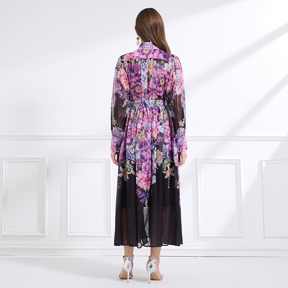CM-DY041447 Women Trendy Bohemian Style Stand Collar Long Sleeve Pinched Waist Maxi Dress