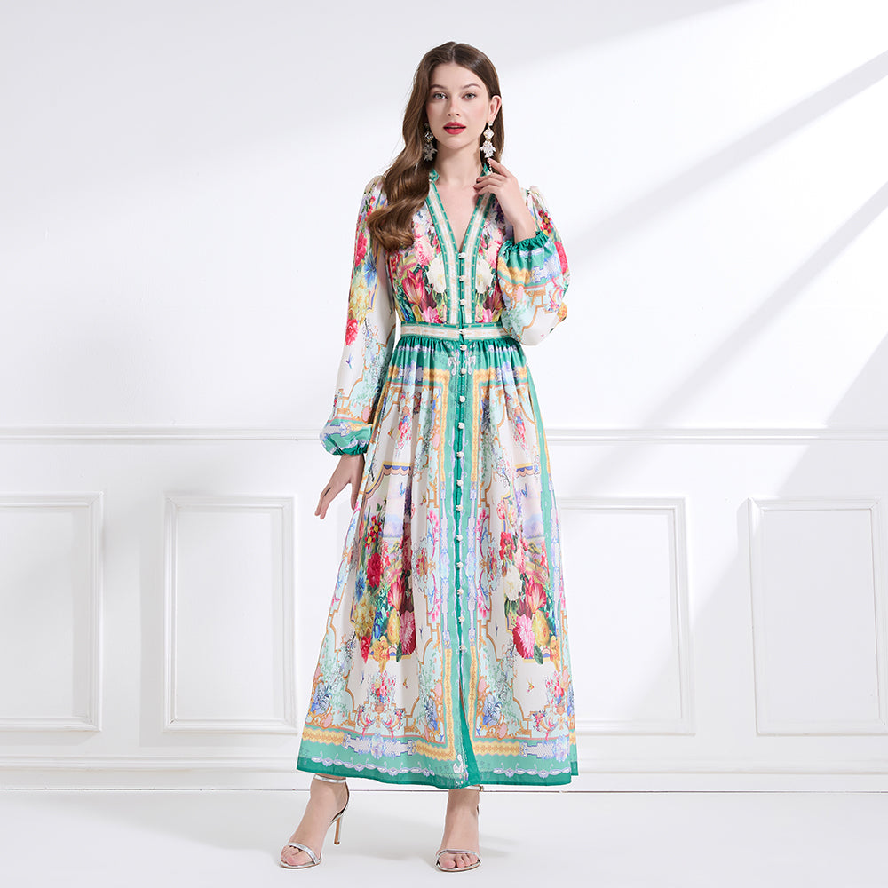 CM-DY041448 Women Trendy Bohemian Style Floral Print Deep V-Neck Single-Breasted Long Dress