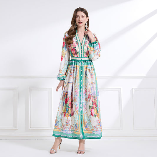 CM-DY041448 Women Trendy Bohemian Style Floral Print Deep V-Neck Single-Breasted Long Dress