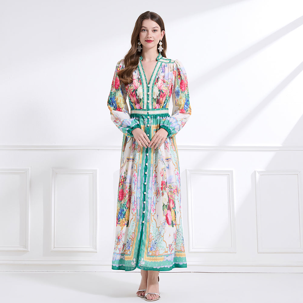 CM-DY041448 Women Trendy Bohemian Style Floral Print Deep V-Neck Single-Breasted Long Dress