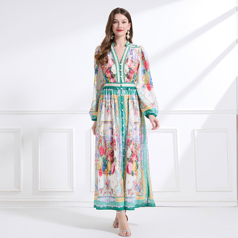 CM-DY041448 Women Trendy Bohemian Style Floral Print Deep V-Neck Single-Breasted Long Dress