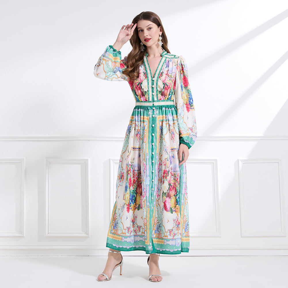 CM-DY041448 Women Trendy Bohemian Style Floral Print Deep V-Neck Single-Breasted Long Dress