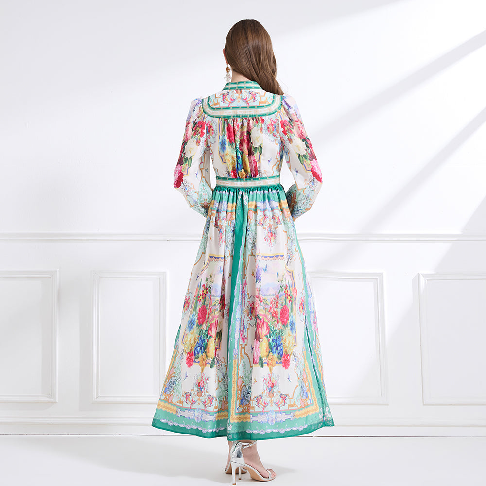 CM-DY041448 Women Trendy Bohemian Style Floral Print Deep V-Neck Single-Breasted Long Dress