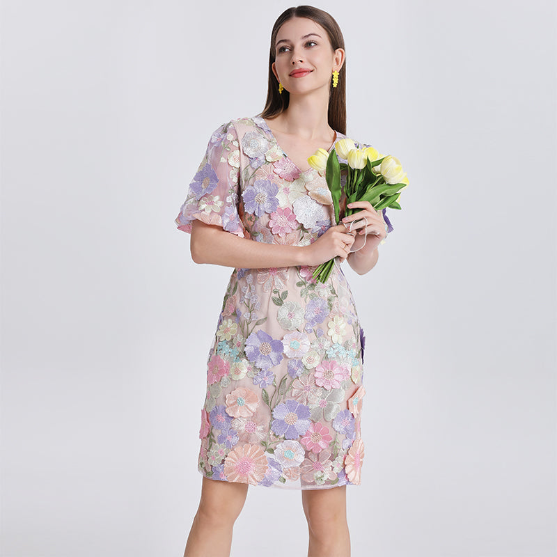 CM-DY041621 Women Elegant European Style V-Neck Puff Sleeve Embroidered Mini Dress - Light Purple