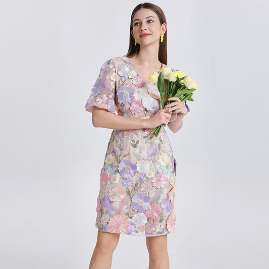 CM-DY041621 Women Elegant European Style V-Neck Puff Sleeve Embroidered Mini Dress - Light Purple