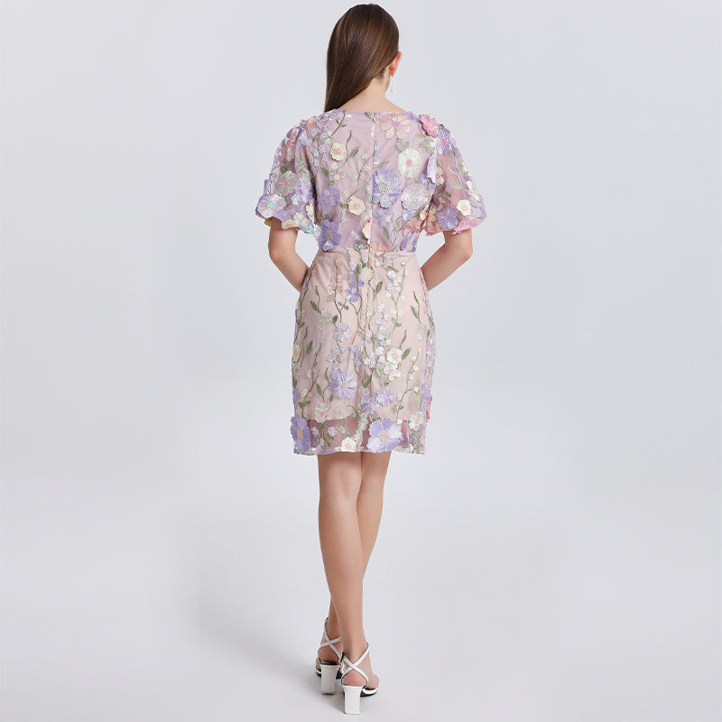 CM-DY041621 Women Elegant European Style V-Neck Puff Sleeve Embroidered Mini Dress - Light Purple