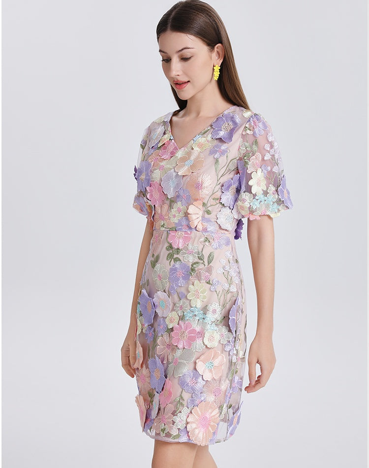 CM-DY041621 Women Elegant European Style V-Neck Puff Sleeve Embroidered Mini Dress - Light Purple