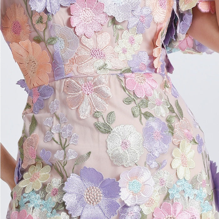 CM-DY041621 Women Elegant European Style V-Neck Puff Sleeve Embroidered Mini Dress - Light Purple