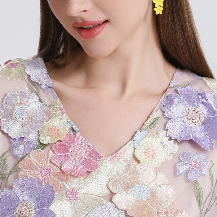 CM-DY041621 Women Elegant European Style V-Neck Puff Sleeve Embroidered Mini Dress - Light Purple