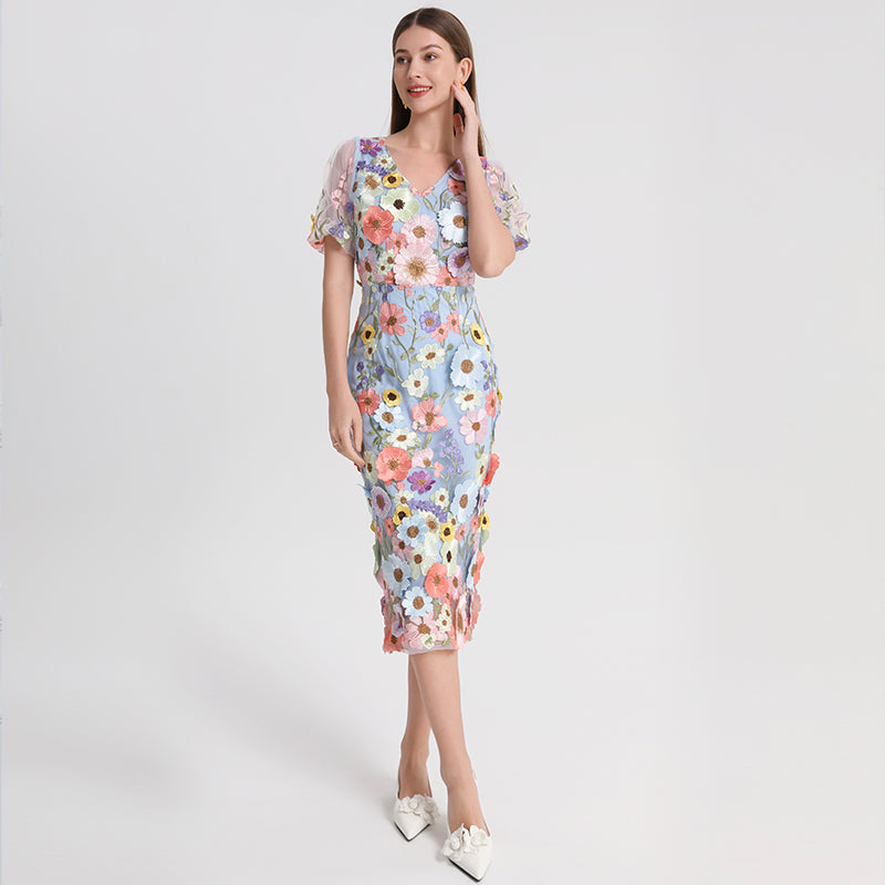 CM-DY041622 Women Elegant European Style V-Neck Lamtern Sleeve Embroidered Mid-Length Dress - Sky Blue