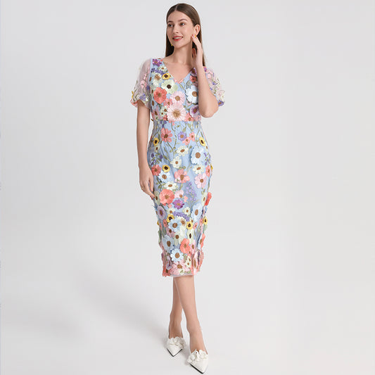 CM-DY041622 Women Elegant European Style V-Neck Lamtern Sleeve Embroidered Mid-Length Dress - Sky Blue
