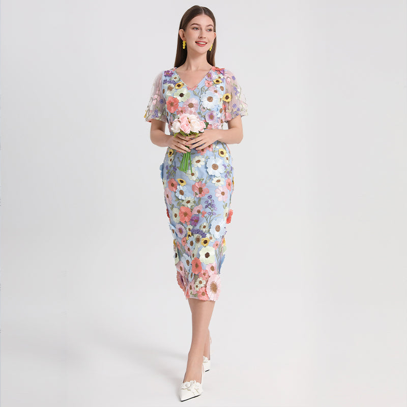 CM-DY041622 Women Elegant European Style V-Neck Lamtern Sleeve Embroidered Mid-Length Dress - Sky Blue