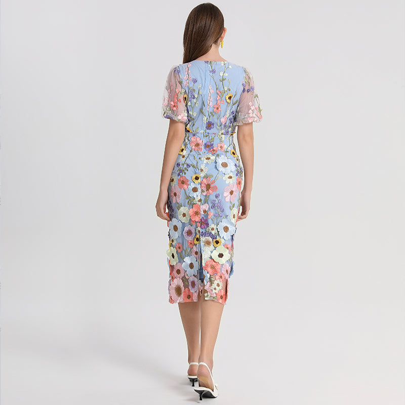 CM-DY041622 Women Elegant European Style V-Neck Lamtern Sleeve Embroidered Mid-Length Dress - Sky Blue
