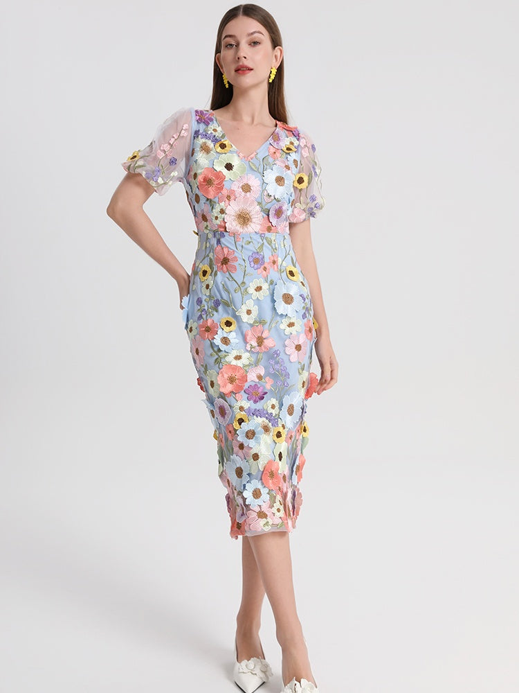 CM-DY041622 Women Elegant European Style V-Neck Lamtern Sleeve Embroidered Mid-Length Dress - Sky Blue