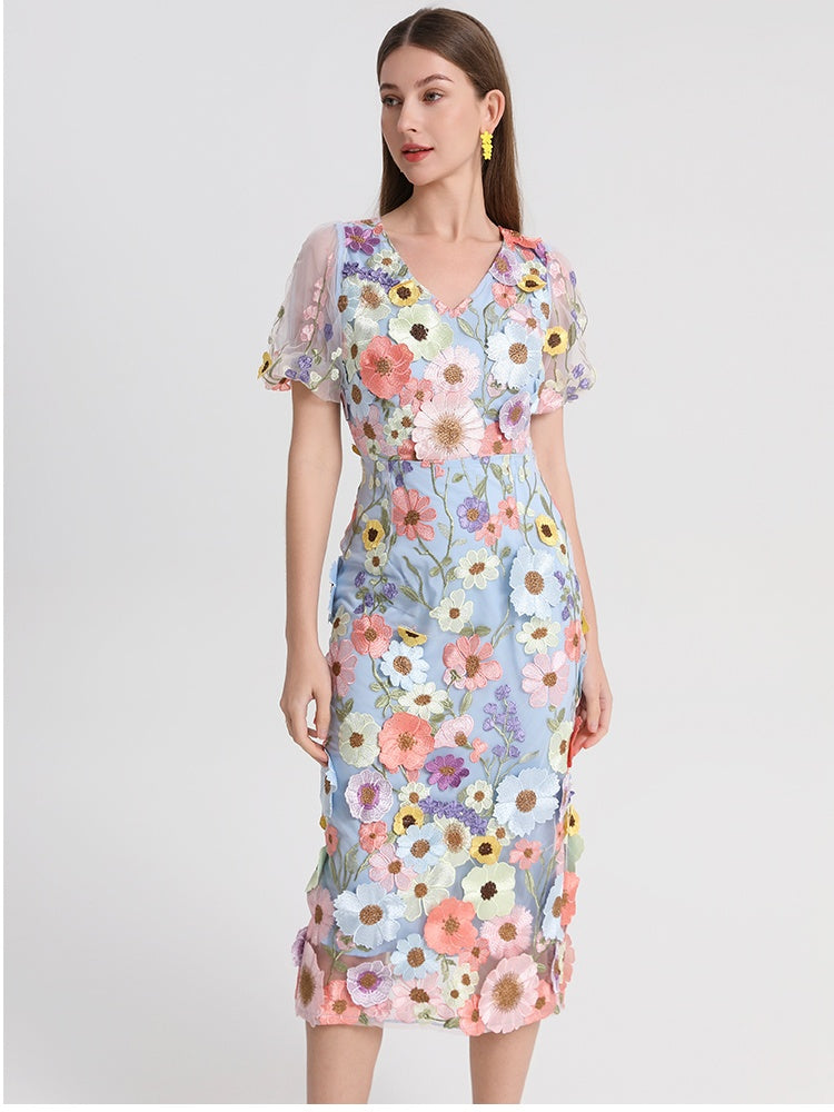 CM-DY041622 Women Elegant European Style V-Neck Lamtern Sleeve Embroidered Mid-Length Dress - Sky Blue