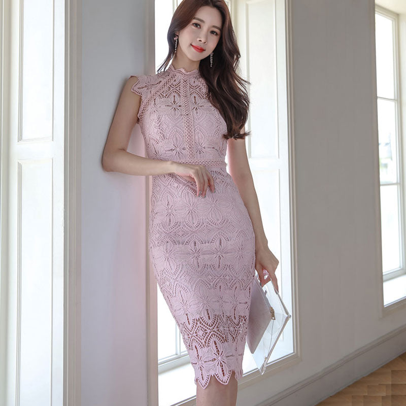 CM-DY041623 Women Elegant Seoul Style Stand Collar Sleeveless Hollow Midi Dress - Pink