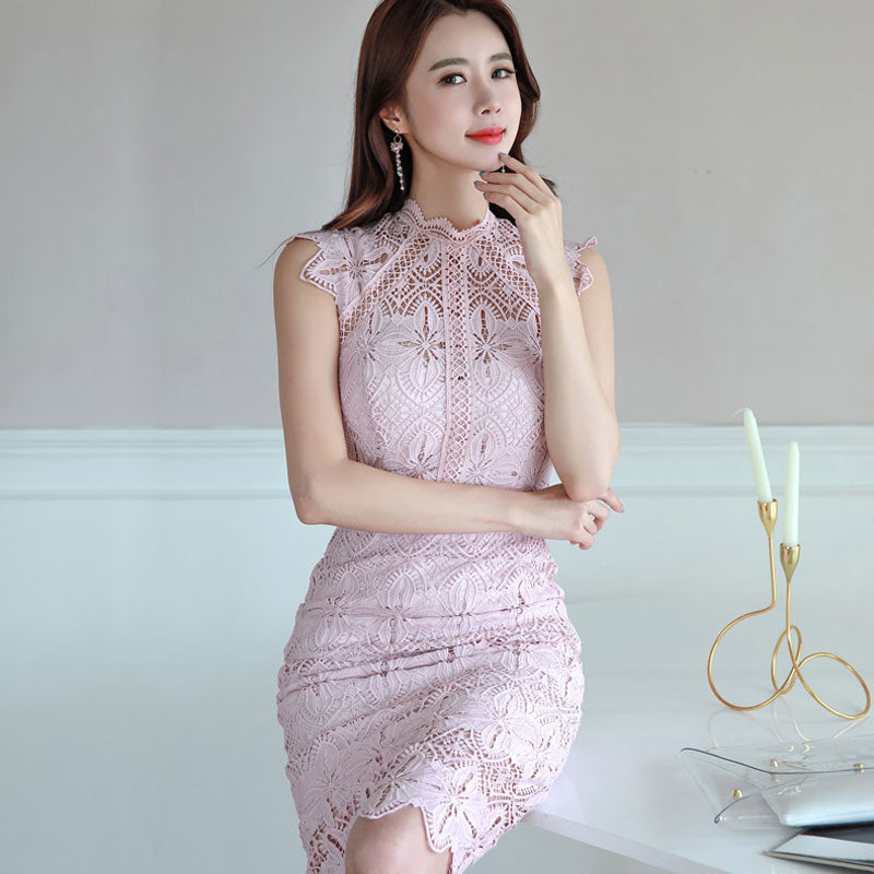 CM-DY041623 Women Elegant Seoul Style Stand Collar Sleeveless Hollow Midi Dress - Pink