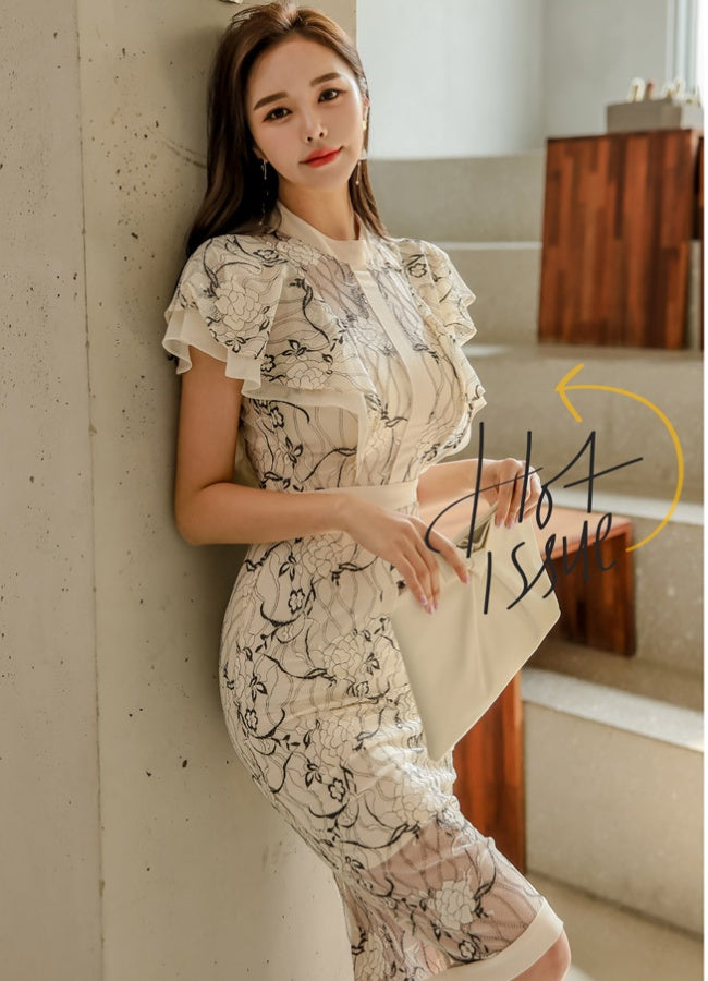 CM-DY041625 Women Casual Seoul Style Lace Stand Collar Short Sleeve Slim Dress - Beige