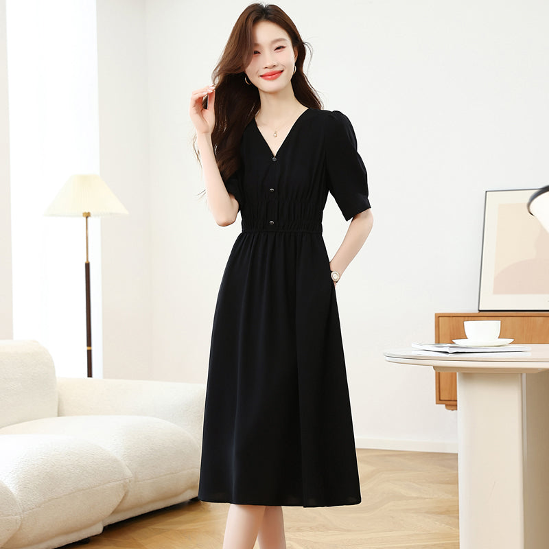 CM-DY041665 Women Casual Seoul Style V-Neck Puff Sleeve Sunscreen Dress - Black