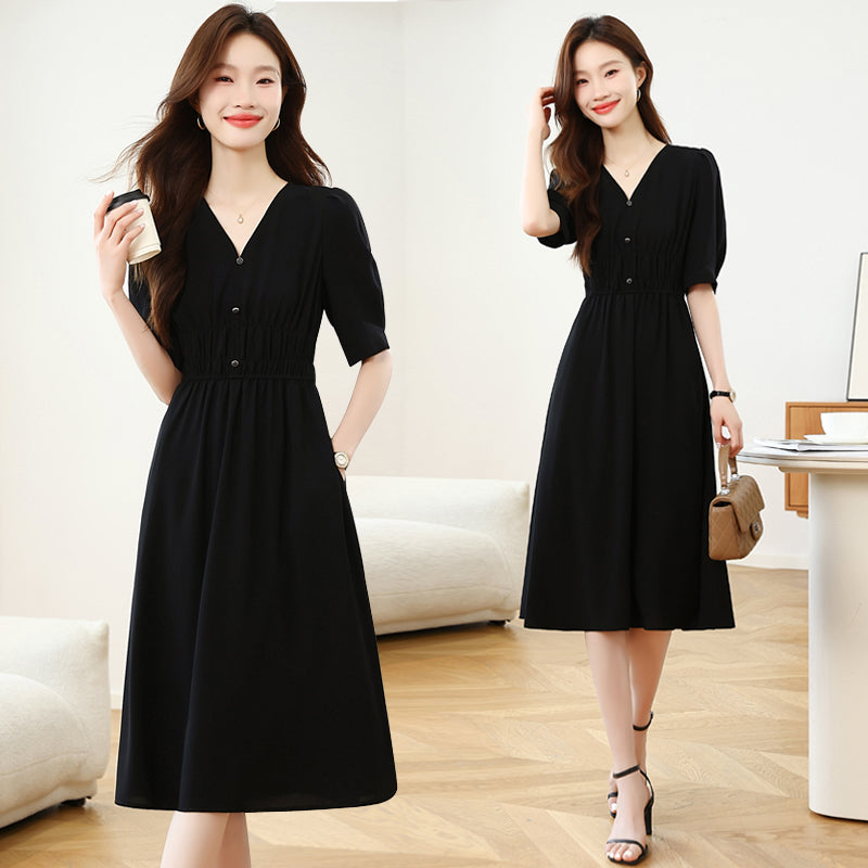 CM-DY041665 Women Casual Seoul Style V-Neck Puff Sleeve Sunscreen Dress - Black