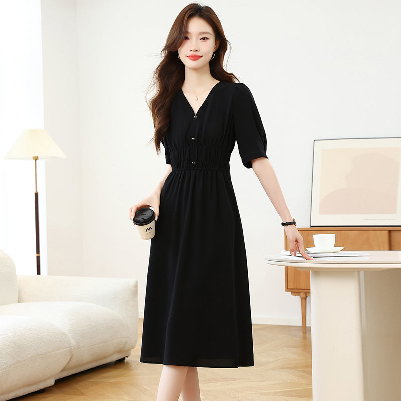 CM-DY041665 Women Casual Seoul Style V-Neck Puff Sleeve Sunscreen Dress - Black