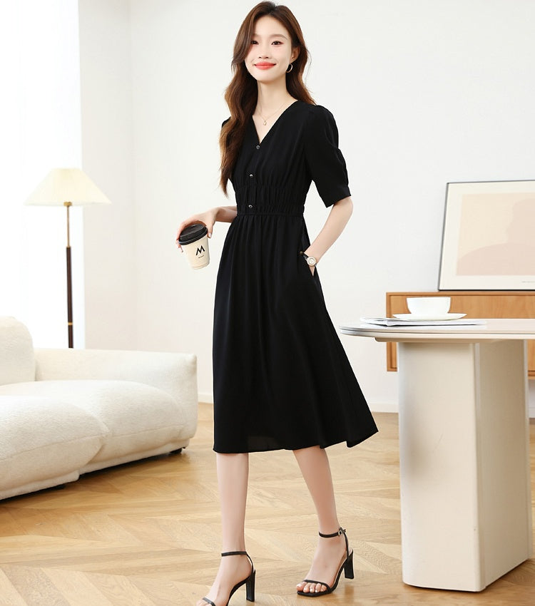 CM-DY041665 Women Casual Seoul Style V-Neck Puff Sleeve Sunscreen Dress - Black