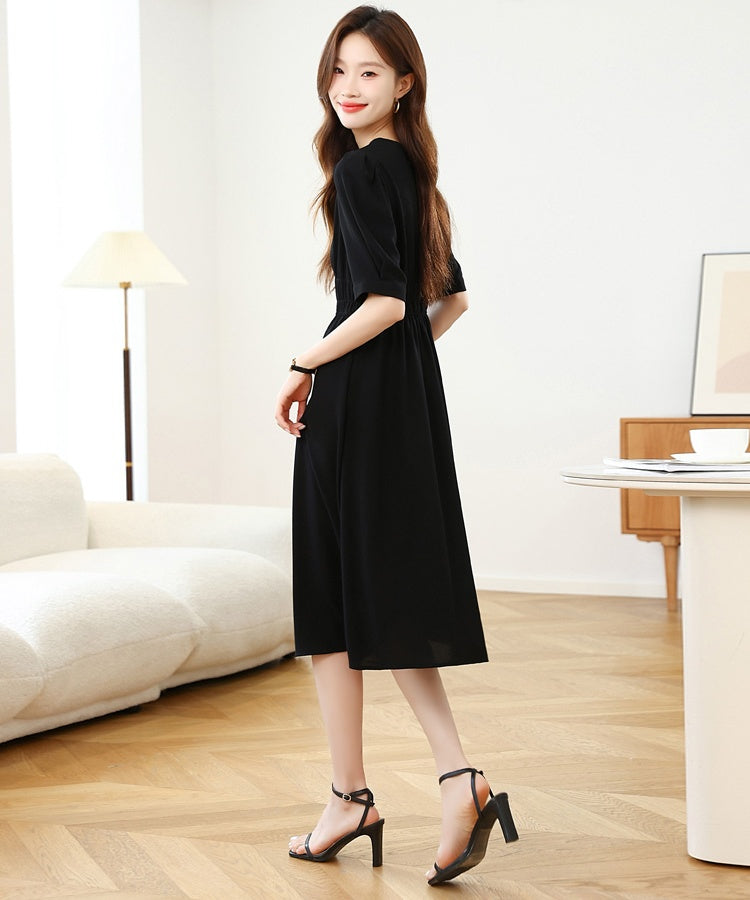 CM-DY041665 Women Casual Seoul Style V-Neck Puff Sleeve Sunscreen Dress - Black