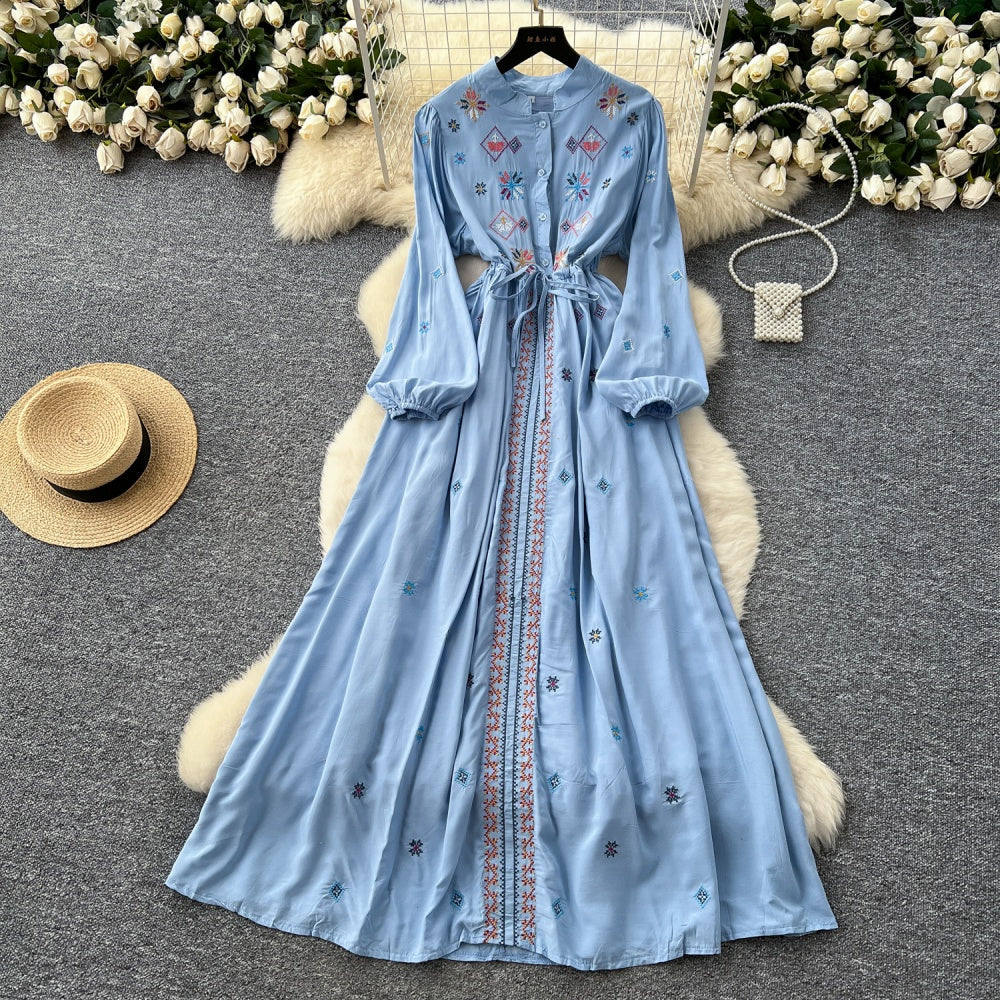 CM-DY041690 Women Trendy Bohemian Style Stand Collar Long Sleeve Maxi Dress (Available in 3 colors)