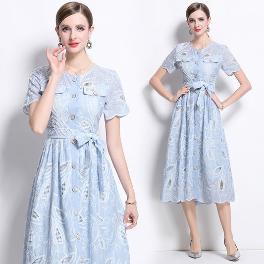 CM-DY041749 Women Elegant European Style Embroidered Round Neck Short Sleeve Midi Dress - Sky Blue