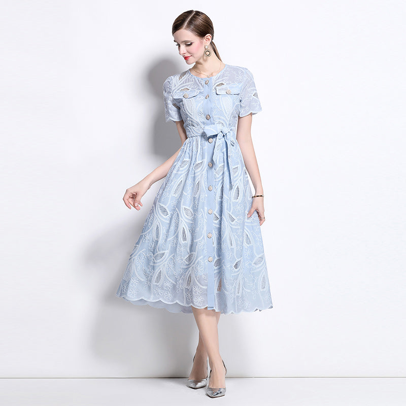 CM-DY041749 Women Elegant European Style Embroidered Round Neck Short Sleeve Midi Dress - Sky Blue