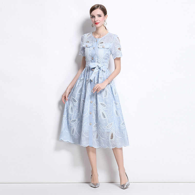 CM-DY041749 Women Elegant European Style Embroidered Round Neck Short Sleeve Midi Dress - Sky Blue